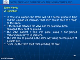 EXCELLENCE AND COMPETENCY TRAINING CENTER INC.
!
!
NMLC-EF1-Module 3
158
Safety Valves
❑ Operation
!
➢ In case of a leakage, the steam will cut a deeper groove in time
and the leakage will increase, what often can be seen as a “flag”
on the stack.
➢ If the facings between the valve and the seat have been
damaged, they must be ground.
➢ The valve against a cast iron plate, using a fine-grained
carborundium stirred in kerosene.
➢ The seat can be ground in the same way using an iron punch of
suitable size.
➢ Never use the valve itself when grinding the seat.
 