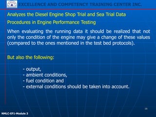 EXCELLENCE AND COMPETENCY TRAINING CENTER INC.
!
!
NMLC-EF1-Module 3
But also the following:
!
- output,
- ambient conditions,
- fuel condition and
- external conditions should be taken into account.
Analyzes the Diesel Engine Shop Trial and Sea Trial Data
Procedures in Engine Performance Testing
When evaluating the running data it should be realized that not
only the condition of the engine may give a change of these values
(compared to the ones mentioned in the test bed protocols).
16
 