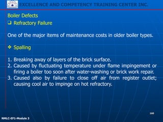EXCELLENCE AND COMPETENCY TRAINING CENTER INC.
!
!
NMLC-EF1-Module 3
160
Boiler Defects
❑ Refractory Failure
!
One of the major items of maintenance costs in older boiler types.
!
❖ Spalling
!
1. Breaking away of layers of the brick surface.
2. Caused by fluctuating temperature under flame impingement or
firing a boiler too soon after water-washing or brick work repair.
3. Caused also by failure to close off air from register outlet;
causing cool air to impinge on hot refractory.
 