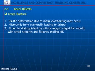 EXCELLENCE AND COMPETENCY TRAINING CENTER INC.
!
!
NMLC-EF1-Module 3
166
2.4 Boiler Defects
❑ Creep Rupture
!
1. Plastic deformation due to metal overheating may occur.
2. Microvoids form eventually leading to failure.
3. It can be distinguished by a thick ragged edged fish mouth,
with small ruptures and fissures leading off.
 