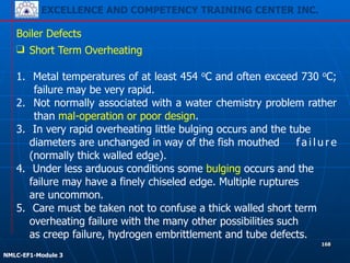 EXCELLENCE AND COMPETENCY TRAINING CENTER INC.
!
!
NMLC-EF1-Module 3
168
Boiler Defects
❑ Short Term Overheating
!
1. Metal temperatures of at least 454 oC and often exceed 730 oC;
failure may be very rapid.
2. Not normally associated with a water chemistry problem rather
than mal-operation or poor design.
3. In very rapid overheating little bulging occurs and the tube
diameters are unchanged in way of the fish mouthed f a i l u r e
(normally thick walled edge).
4. Under less arduous conditions some bulging occurs and the
failure may have a finely chiseled edge. Multiple ruptures
are uncommon.
5. Care must be taken not to confuse a thick walled short term
overheating failure with the many other possibilities such
as creep failure, hydrogen embrittlement and tube defects.
 