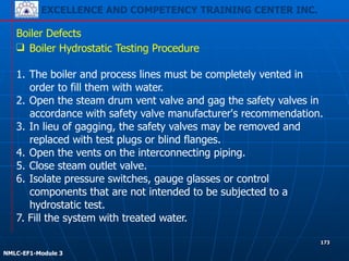 EXCELLENCE AND COMPETENCY TRAINING CENTER INC.
!
!
NMLC-EF1-Module 3
173
Boiler Defects
❑ Boiler Hydrostatic Testing Procedure
!
1. The boiler and process lines must be completely vented in
order to fill them with water.
2. Open the steam drum vent valve and gag the safety valves in
accordance with safety valve manufacturer's recommendation.
3. In lieu of gagging, the safety valves may be removed and
replaced with test plugs or blind flanges.
4. Open the vents on the interconnecting piping.
5. Close steam outlet valve.
6. Isolate pressure switches, gauge glasses or control
components that are not intended to be subjected to a
hydrostatic test.
7. Fill the system with treated water.
 