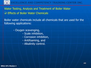 EXCELLENCE AND COMPETENCY TRAINING CENTER INC.
!
!
NMLC-EF1-Module 3
193
Water Testing, Analysis and Treatment of Boiler Water
❑ Effects of Boiler Water Chemicals
!
Boiler water chemicals include all chemicals that are used for the
following applications:
!
- Oxygen scavenging,
- Scale inhibition,
- Corrosion inhibition,
- Antifoaming, and
- Alkalinity control.
 