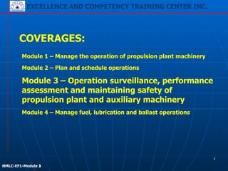 EXCELLENCE AND COMPETENCY TRAINING CENTER INC.
!
!
NMLC-EF1-Module 3
EXCELLENCE AND COMPETENCY TRAINING CENTER INC.
COVERAGES:
Module 1 – Manage the operation of propulsion plant machinery
Module 2 – Plan and schedule operations
Module 3 – Operation surveillance, performance
assessment and maintaining safety of
propulsion plant and auxiliary machinery
Module 4 – Manage fuel, lubrication and ballast operations
!
!
NMLC-EF1-Module 1
2
 