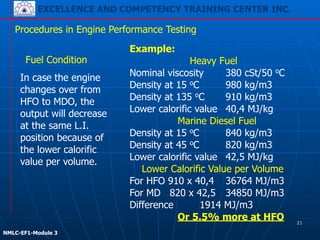 EXCELLENCE AND COMPETENCY TRAINING CENTER INC.
!
!
NMLC-EF1-Module 3
Procedures in Engine Performance Testing
Example:
Heavy Fuel
Nominal viscosity 380 cSt/50 oC
Density at 15 oC 980 kg/m3
Density at 135 oC 910 kg/m3
Lower calorific value 40,4 MJ/kg
Marine Diesel Fuel
Density at 15 oC 840 kg/m3
Density at 45 oC 820 kg/m3
Lower calorific value 42,5 MJ/kg
Lower Calorific Value per Volume
For HFO 910 x 40,4 36764 MJ/m3
For MD 820 x 42,5 34850 MJ/m3
Difference 1914 MJ/m3
Or 5.5% more at HFO
In case the engine
changes over from
HFO to MDO, the
output will decrease
at the same L.I.
position because of
the lower calorific
value per volume.
Fuel Condition
21
 