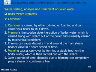 EXCELLENCE AND COMPETENCY TRAINING CENTER INC.
!
!
NMLC-EF1-Module 3
212
Water Testing, Analysis and Treatment of Boiler Water
❑ Boiler Water Problems
❖ Carryover
!
1. Carryover is caused by either priming or foaming and can
cause your boiler to shut down.
2. Priming is the sudden violent eruption of boiler water which is
carried along with steam out of the boiler and is usually caused
by mechanical conditions.
3. Priming can cause deposits in and around the main steam
header valve in a short period of time.
4. Foaming causes carryover by forming a stable froth on the
boiler water, which is then carried out with the steam.
5. Over a period of time, deposits due to foaming can completely
plug a steam or condensate line.
 