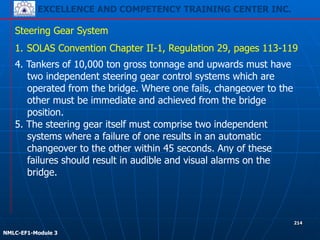 EXCELLENCE AND COMPETENCY TRAINING CENTER INC.
!
!
NMLC-EF1-Module 3
214
Steering Gear System
1. SOLAS Convention Chapter II-1, Regulation 29, pages 113-119
4. Tankers of 10,000 ton gross tonnage and upwards must have
two independent steering gear control systems which are
operated from the bridge. Where one fails, changeover to the
other must be immediate and achieved from the bridge
position.
5. The steering gear itself must comprise two independent
systems where a failure of one results in an automatic
changeover to the other within 45 seconds. Any of these
failures should result in audible and visual alarms on the
bridge.
 