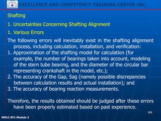 EXCELLENCE AND COMPETENCY TRAINING CENTER INC.
!
!
NMLC-EF1-Module 3
233
Shafting
1. Uncertainties Concerning Shafting Alignment
1. Various Errors
The following errors will inevitably exist in the shafting alignment
process, including calculation, installation, and verification:
1. Approximation of the shafting model for calculation (for
example, the number of bearings taken into account, modeling
of the stern tube bearing, and the diameter of the circular bar
representing crankshaft in the model, etc.);
2. The accuracy of the Gap, Sag (namely possible discrepancies
between calculation results and actual installation); and
3. The accuracy of bearing reaction measurements.
!
Therefore, the results obtained should be judged after these errors
have been properly estimated based on past experience.
 