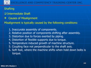 EXCELLENCE AND COMPETENCY TRAINING CENTER INC.
!
!
NMLC-EF1-Module 3
245
Shafting
❑ Intermediate Shaft
❖ Causes of Misalignment
Misalignment is typically caused by the following conditions:
!
1. Inaccurate assembly of components.
2. Relative position of components shifting after assembly.
3. Distortion due to forces exerted by piping.
4. Distortion of flexible supports due to torque.
5. Temperature induced growth of machine structure.
5. Coupling face not perpendicular to the shaft axis.
6. Soft foot, where the machine shifts when hold down bolts is
torque.
 