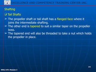 EXCELLENCE AND COMPETENCY TRAINING CENTER INC.
!
!
NMLC-EF1-Module 3
246
Shafting
❑ Tail Shafts
➢ The propeller shaft or tail shaft has a flanged face where it
joins the intermediate shafting.
➢ The other end is tapered to suit a similar taper on the propeller
boss.
➢ The tapered end will also be threaded to take a nut which holds
the propeller in place.
 