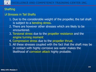 EXCELLENCE AND COMPETENCY TRAINING CENTER INC.
!
!
NMLC-EF1-Module 3
249
Shafting
❑ Stresses in Tail Shafts
1. Due to the considerable weight of the propeller, the tail shaft
is subject to a bending stress.
2. There are however other stresses which are likely to be
encountered.
3. Torsional stress due to the propeller resistance and the
engine turning moment
4. Compressive stress due to the propeller thrust.
5. All these stresses coupled with the fact that the shaft may be
in contact with highly corrosive sea water makes the
likelihood of corrosion attack highly probable.
 