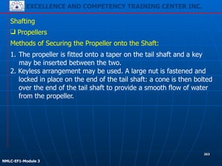 EXCELLENCE AND COMPETENCY TRAINING CENTER INC.
!
!
NMLC-EF1-Module 3
263
Shafting
❑ Propellers
Methods of Securing the Propeller onto the Shaft:
1. The propeller is fitted onto a taper on the tail shaft and a key
may be inserted between the two.
2. Keyless arrangement may be used. A large nut is fastened and
locked in place on the end of the tail shaft: a cone is then bolted
over the end of the tail shaft to provide a smooth flow of water
from the propeller.
 