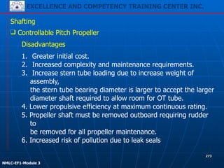 EXCELLENCE AND COMPETENCY TRAINING CENTER INC.
!
!
NMLC-EF1-Module 3
273
Shafting
❑ Controllable Pitch Propeller
Disadvantages
1. Greater initial cost.
2. Increased complexity and maintenance requirements.
3. Increase stern tube loading due to increase weight of
assembly,
the stern tube bearing diameter is larger to accept the larger
diameter shaft required to allow room for OT tube.
4. Lower propulsive efficiency at maximum continuous rating.
5. Propeller shaft must be removed outboard requiring rudder
to
be removed for all propeller maintenance.
6. Increased risk of pollution due to leak seals
 