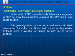 EXCELLENCE AND COMPETENCY TRAINING CENTER INC.
!
!
NMLC-EF1-Module 3
278
Shafting
Controllable Pitch Propeller Emergency Operation
In the event of CPP system hydraulic failure an arrangement
is fitted to allow for mechanical locking of the CPP into a fixed
ahead position.
!
This generally takes the form of a mechanical lock which
secures the oil transfer tube. Either hand or small auxiliary electric
hydraulic pump is available for moving the pitch to the correct
position.
 