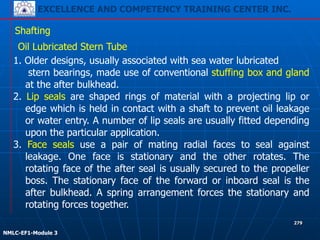 EXCELLENCE AND COMPETENCY TRAINING CENTER INC.
!
!
NMLC-EF1-Module 3
279
Shafting
Oil Lubricated Stern Tube
1. Older designs, usually associated with sea water lubricated
stern bearings, made use of conventional stuffing box and gland
at the after bulkhead.
2. Lip seals are shaped rings of material with a projecting lip or
edge which is held in contact with a shaft to prevent oil leakage
or water entry. A number of lip seals are usually fitted depending
upon the particular application.
3. Face seals use a pair of mating radial faces to seal against
leakage. One face is stationary and the other rotates. The
rotating face of the after seal is usually secured to the propeller
boss. The stationary face of the forward or inboard seal is the
after bulkhead. A spring arrangement forces the stationary and
rotating forces together.
 