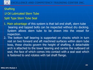 EXCELLENCE AND COMPETENCY TRAINING CENTER INC.
!
!
NMLC-EF1-Module 3
284
Shafting
❑ Oil Lubricated Stern Tube
Split Type Stern Tube Seal
1. Main advantage of this system is that tail end shaft, stern tube
bearing and tapped bolts can be inspected without dry docking.
System allows stern tube to be drawn into the vessel for
inspection.
2. The bottom half bearing is supported on chocks which in turn
rest on two forward and aft machined surfaces within stern tube
boss, these chocks govern the height of shafting. A detachable
arch is attached to the lower bearing and carries the outboard oil
seal, the face of which comes into contact with a seal seat which
is fastened to and rotates with tail shaft flange.
 