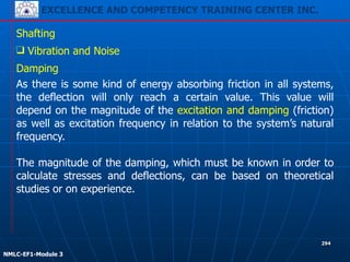 EXCELLENCE AND COMPETENCY TRAINING CENTER INC.
!
!
NMLC-EF1-Module 3
294
Shafting
❑ Vibration and Noise
Damping
As there is some kind of energy absorbing friction in all systems,
the deflection will only reach a certain value. This value will
depend on the magnitude of the excitation and damping (friction)
as well as excitation frequency in relation to the system’s natural
frequency.
!
The magnitude of the damping, which must be known in order to
calculate stresses and deflections, can be based on theoretical
studies or on experience.
 