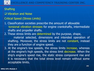 EXCELLENCE AND COMPETENCY TRAINING CENTER INC.
!
!
NMLC-EF1-Module 3
295
Shafting
❑ Vibration and Noise
Critical Speed (Stress Limits)
1. Classification societies prescribe the amount of allowable
torsional vibration stresses for engine crankshafts, intermediate
shafts and propeller shafts.
2. These stress limits are determined by the purpose, shape,
material selected, dimensions and intended operation of
shafting. Moreover, the stress limits are not constant, instead
they are a function of engine speed.
3. At the engine’s low speeds, the stress limits increase, whereas
at the engine’s high speeds, the stress limit decrease. When the
ship’s engine’s speed rise, the static stress component rise and
it is necessary that the total stress level remain without some
acceptable limits.
 