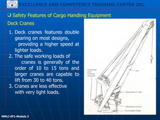 EXCELLENCE AND COMPETENCY TRAINING CENTER INC.
!
!
NMLC-EF1-Module 3
38
❑ Safety Features of Cargo Handling Equipment
1. Deck cranes features double
gearing on most designs,
providing a higher speed at
lighter loads.
2. The safe working loads of
cranes is generally of the
order of 10 to 15 tons and
larger cranes are capable to
lift from 30 to 40 tons.
3. Cranes are less effective
with very light loads.
Deck Cranes
 