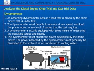 EXCELLENCE AND COMPETENCY TRAINING CENTER INC.
!
!
NMLC-EF1-Module 3
1. An absorbing dynamometer acts as a load that is driven by the prime
mover that is under test.
2. The dynamometer must be able to operate at any speed, and load
the prime mover to any level of torque that the test requires.
3. A dynamometer is usually equipped with some means of measuring
the operating torque and speed.
4. The dynamometer must absorb the power developed by the prime
mover. The power absorbed by the dynamometer must generally be
dissipated to the ambient air or transferred to cooling water.
Analyzes the Diesel Engine Shop Trial and Sea Trial Data
Dynamometer
6
 