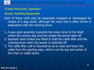 EXCELLENCE AND COMPETENCY TRAINING CENTER INC.
!
!
NMLC-EF1-Module 3
60
❑ Deck Machinery Operation
Anchor Handling Equipment
Each of these units may be separately engaged or disengaged by
means of a dog clutch, although the warp end is often driven in
association with the mooring drum.
!
1. A spur gear assembly transmits the motor drive to the shaft
where the various dog clutches enable the power take-off.
2. Separate band brakes are fitted to hold the cable lifter and the
mooring drum when the power is switched off.
3. The cable lifter unit is mounted so as to raise and lower the
cable from the spurling pipe, which is at the top and center of
the chain or cable locker.
 