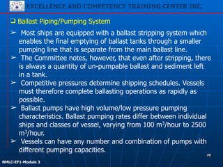 EXCELLENCE AND COMPETENCY TRAINING CENTER INC.
!
!
NMLC-EF1-Module 3
70
❑ Ballast Piping/Pumping System
➢ Most ships are equipped with a ballast stripping system which
enables the final emptying of ballast tanks through a smaller
pumping line that is separate from the main ballast line.
➢ The Committee notes, however, that even after stripping, there
is always a quantity of un-pumpable ballast and sediment left
in a tank.
➢ Competitive pressures determine shipping schedules. Vessels
must therefore complete ballasting operations as rapidly as
possible.
➢ Ballast pumps have high volume/low pressure pumping
characteristics. Ballast pumping rates differ between individual
ships and classes of vessel, varying from 100 m3/hour to 2500
m3/hour.
➢ Vessels can have any number and combination of pumps with
different pumping capacities.
 