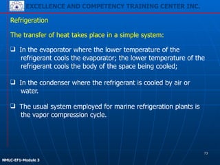 EXCELLENCE AND COMPETENCY TRAINING CENTER INC.
!
!
NMLC-EF1-Module 3
Refrigeration
❑ In the evaporator where the lower temperature of the
refrigerant cools the evaporator; the lower temperature of the
refrigerant cools the body of the space being cooled;
The transfer of heat takes place in a simple system:
❑ In the condenser where the refrigerant is cooled by air or
water.
❑ The usual system employed for marine refrigeration plants is
the vapor compression cycle.
73
 