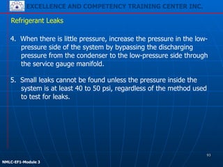 EXCELLENCE AND COMPETENCY TRAINING CENTER INC.
!
!
NMLC-EF1-Module 3
4. When there is little pressure, increase the pressure in the low-
pressure side of the system by bypassing the discharging
pressure from the condenser to the low-pressure side through
the service gauge manifold.
Refrigerant Leaks
5. Small leaks cannot be found unless the pressure inside the
system is at least 40 to 50 psi, regardless of the method used
to test for leaks.
93
 