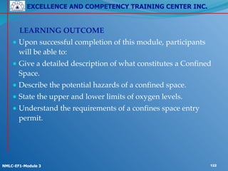 EXCELLENCE AND COMPETENCY TRAINING CENTER INC.
!
!
NMLC-EF1-Module 3 122
! LEARNING OUTCOME!
● Upon successful completion of this module, participants
will be able to:!
● Give a detailed description of what constitutes a Confined
Space.!
● Describe the potential hazards of a confined space.!
● State the upper and lower limits of oxygen levels.!
● Understand the requirements of a confines space entry
permit.
 