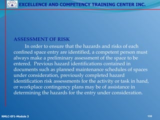 EXCELLENCE AND COMPETENCY TRAINING CENTER INC.
!
!
NMLC-EF1-Module 3 132
!
! ASSESSMENT OF RISK!
! ! In order to ensure that the hazards and risks of each
confined space entry are identified, a competent person must
always make a preliminary assessment of the space to be
entered. Previous hazard identifications contained in
documents such as planned maintenance schedules of spaces
under consideration, previously completed hazard
identification risk assessments for the activity or task in hand,
or workplace contingency plans may be of assistance in
determining the hazards for the entry under consideration.
 