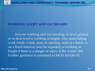 EXCELLENCE AND COMPETENCY TRAINING CENTER INC.
!
!
NMLC-EF1-Module 3 135
!
! WORKING ALOFT AND OUTBOARD!
!
! ! Anyone working and not standing on level ground
or at deck level is working at height. Also undertaking
work inside a tank, near an opening, such as a hatch, or
on a fixed stairway may be regarded as working at
height if there is a danger of injury if the worker fell.
Further guidance is contained in MGN 410 (M+F).
 
