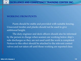 EXCELLENCE AND COMPETENCY TRAINING CENTER INC.
!
!
NMLC-EF1-Module 3 142
! WORKING FROM PUNTS!
 !
! ! Punts should be stable and provided with suitable fencing.
Unsecured trestles and planks should not be used to give
additional height.!
! ! The duty engineer and deck officers should also be informed
by the person in charge when seamen are working below ship’s
side discharges so they are not used until the work is completed.
Notices to this effect should be attached to the relevant control
valves and not taken off until those working are reported clear.
 