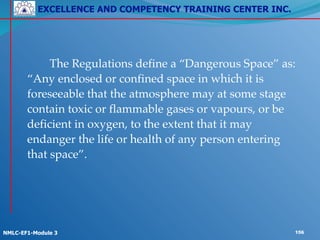 EXCELLENCE AND COMPETENCY TRAINING CENTER INC.
!
!
NMLC-EF1-Module 3 156
! ! !
! ! The Regulations define a “Dangerous Space” as:
“Any enclosed or confined space in which it is
foreseeable that the atmosphere may at some stage
contain toxic or flammable gases or vapours, or be
deficient in oxygen, to the extent that it may
endanger the life or health of any person entering
that space”.
 