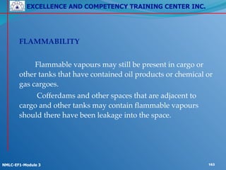 EXCELLENCE AND COMPETENCY TRAINING CENTER INC.
!
!
NMLC-EF1-Module 3 163
! ! !
! FLAMMABILITY!
!
! ! Flammable vapours may still be present in cargo or
other tanks that have contained oil products or chemical or
gas cargoes.!
! ! Cofferdams and other spaces that are adjacent to
cargo and other tanks may contain flammable vapours
should there have been leakage into the space.
 