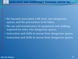 EXCELLENCE AND COMPETENCY TRAINING CENTER INC.
!
!
NMLC-EF1-Module 3 179
!
● the hazards associated with entry into dangerous
spaces, and the precautions to be taken,!
● the use and maintenance of equipment and clothing
required for entry into dangerous spaces,!
● instruction and drills in rescue from dangerous spaces.!
● instruction and drills in rescue from dangerous spaces.!
!
 