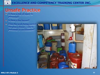 EXCELLENCE AND COMPETENCY TRAINING CENTER INC.
!
!
NMLC-EF1-Module 3 31
Unsafe Practice
• Is there a risk of injury to
personnel?!
• Is there a fire hazard?!
• Does the work being carried
out pose a threat / risk to
personnel or environment?
 