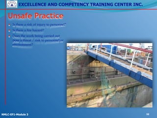 EXCELLENCE AND COMPETENCY TRAINING CENTER INC.
!
!
NMLC-EF1-Module 3 32
Unsafe Practice
• Is there a risk of injury to personnel?!
• Is there a fire hazard?!
• Does the work being carried out
pose a threat / risk to personnel or
environment?
 