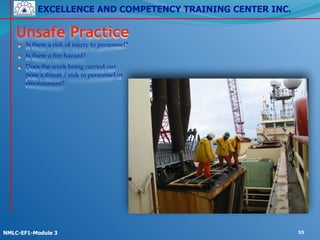 EXCELLENCE AND COMPETENCY TRAINING CENTER INC.
!
!
NMLC-EF1-Module 3 33
Unsafe Practice
• Is there a risk of injury to personnel?!
• Is there a fire hazard?!
• Does the work being carried out
pose a threat / risk to personnel or
environment?
 