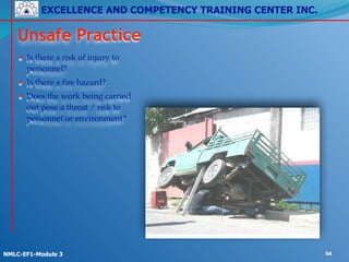 EXCELLENCE AND COMPETENCY TRAINING CENTER INC.
!
!
NMLC-EF1-Module 3 34
Unsafe Practice
• Is there a risk of injury to
personnel?!
• Is there a fire hazard?!
• Does the work being carried
out pose a threat / risk to
personnel or environment?
 