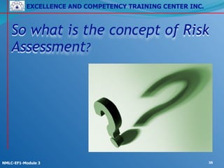 EXCELLENCE AND COMPETENCY TRAINING CENTER INC.
!
!
NMLC-EF1-Module 3 35
So what is the concept of Risk
Assessment?
 