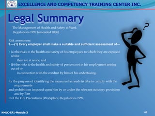 EXCELLENCE AND COMPETENCY TRAINING CENTER INC.
!
!
NMLC-EF1-Module 3 63
Legal Summary
The Management of Health and Safety at Work!
Regulations 1999 (amended 2006)!
!
Risk assessment!
3.—(1) Every employer shall make a suitable and sufficient assessment of— 
• (a) the risks to the health and safety of his employees to which they are exposed
whilst!
they are at work; and!
• (b) the risks to the health and safety of persons not in his employment arising
out of or!
in connection with the conduct by him of his undertaking, 
for the purpose of identifying the measures he needs to take to comply with the
requirements!
and prohibitions imposed upon him by or under the relevant statutory provisions
and by Part!
II of the Fire Precautions (Workplace) Regulations 1997. 
 