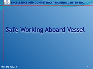 EXCELLENCE AND COMPETENCY TRAINING CENTER INC.
!
!
NMLC-EF1-Module 3 69
Safe Working Aboard Vessel
 