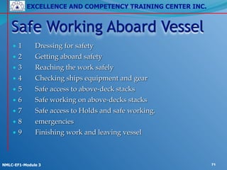EXCELLENCE AND COMPETENCY TRAINING CENTER INC.
!
!
NMLC-EF1-Module 3 71
• 1! Dressing for safety!
• 2! Getting aboard safety!
• 3! Reaching the work safely!
• 4! Checking ships equipment and gear!
• 5! Safe access to above-deck stacks!
• 6! Safe working on above-decks stacks!
• 7! Safe access to Holds and safe working.!
• 8! emergencies!
• 9! Finishing work and leaving vessel
Safe Working Aboard Vessel
 