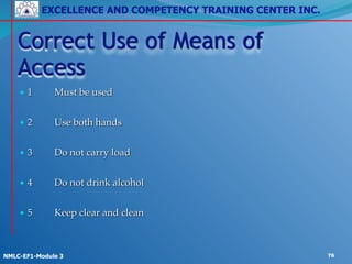 EXCELLENCE AND COMPETENCY TRAINING CENTER INC.
!
!
NMLC-EF1-Module 3 76
• 1! Must be used!
!
• 2! Use both hands!
!
• 3! Do not carry load!
!
• 4! Do not drink alcohol!
!
• 5! Keep clear and clean
Correct Use of Means of
Access
 