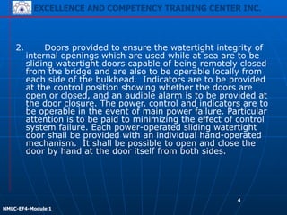 EXCELLENCE AND COMPETENCY TRAINING CENTER INC.
!
!
NMLC-EF4-Module 1
4
2. Doors provided to ensure the watertight integrity of
internal openings which are used while at sea are to be
sliding watertight doors capable of being remotely closed
from the bridge and are also to be operable locally from
each side of the bulkhead. Indicators are to be provided
at the control position showing whether the doors are
open or closed, and an audible alarm is to be provided at
the door closure. The power, control and indicators are to
be operable in the event of main power failure. Particular
attention is to be paid to minimizing the effect of control
system failure. Each power-operated sliding watertight
door shall be provided with an individual hand-operated
mechanism. It shall be possible to open and close the
door by hand at the door itself from both sides.
 