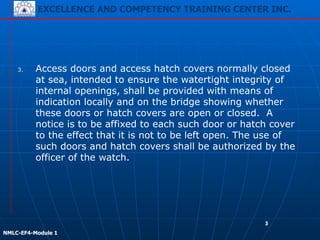EXCELLENCE AND COMPETENCY TRAINING CENTER INC.
!
!
NMLC-EF4-Module 1
5
3. Access doors and access hatch covers normally closed
at sea, intended to ensure the watertight integrity of
internal openings, shall be provided with means of
indication locally and on the bridge showing whether
these doors or hatch covers are open or closed. A
notice is to be affixed to each such door or hatch cover
to the effect that it is not to be left open. The use of
such doors and hatch covers shall be authorized by the
officer of the watch.
 