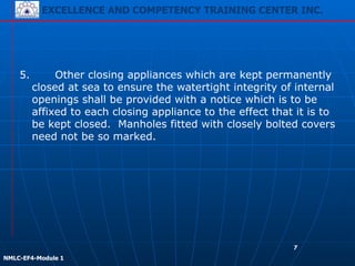 EXCELLENCE AND COMPETENCY TRAINING CENTER INC.
!
!
NMLC-EF4-Module 1
7
5. Other closing appliances which are kept permanently
closed at sea to ensure the watertight integrity of internal
openings shall be provided with a notice which is to be
affixed to each closing appliance to the effect that it is to
be kept closed. Manholes fitted with closely bolted covers
need not be so marked.
 