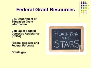Federal Grant Resources
   U.S. Department of
    Education Grant
    Information

   Catalog of Federal
    Domestic Assistance
    (CFDA)

   Federal Register and
    Federal Forecast

   Grants.gov
 