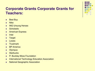Corporate Grants Corporate Grants for
Teachers:
   Best Buy
   Nike
   ING Unsung Heroes
   Scholastic
   American Express
   Intel
   Target
   Lowes
   Trustmark
   BP America
   Olympus
   Starbucks
   P. Buckley Moss Foundation
   International Technology Education Association
   National Geographic Association
 