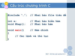 VCVC
&&
BBBB
1111
Cấu trúc chương trình C
NMLT - Giới thiệu ngôn ngữ lập trình C
#include “…”; // Khai báo file tiêu đề
int x; // Khai báo biến hàm
void Nhap(); // Khai báo hàm
void main() // Hàm chính
{
// Các lệnh và thủ tục
}
 